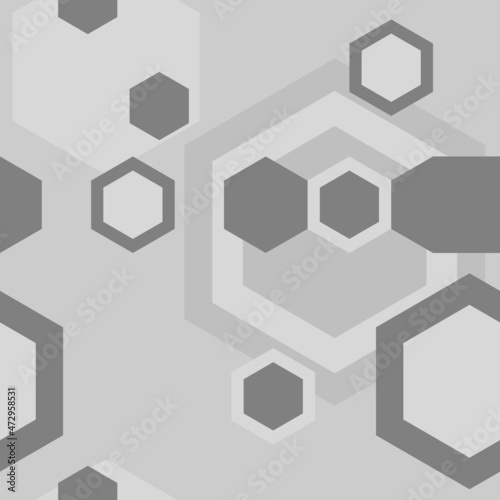 Abstract seamless background with hexagons in different shades of grey. Modern techno design. Vector pattern.