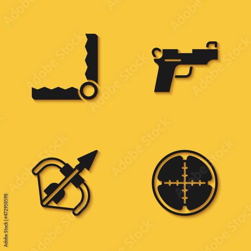 Set Trap hunting, Sniper optical sight, Medieval bow and arrow and Pistol or gun icon with long shadow. Vector