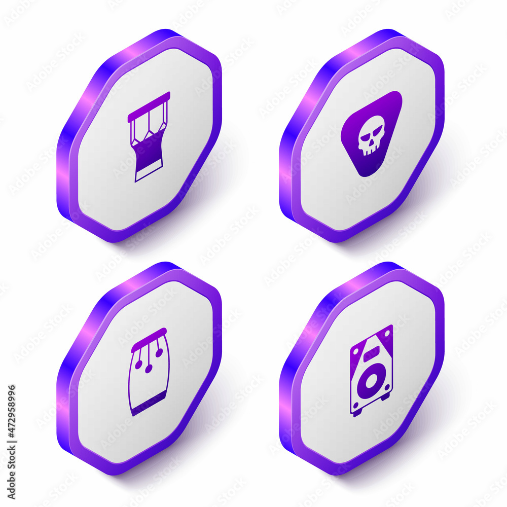 Set Isometric African percussion drum, Guitar pick, Conga drums and Stereo speaker icon. Purple hexagon button. Vector Set Isometric African percussion drum, Guitar pick, Conga drums and Stereo speaker icon. Purple hexagon button. Vector