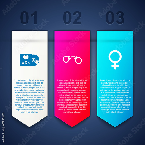Set Disc with inscription Sex, Handcuffs and Female gender symbol. Business infographic template. Vector