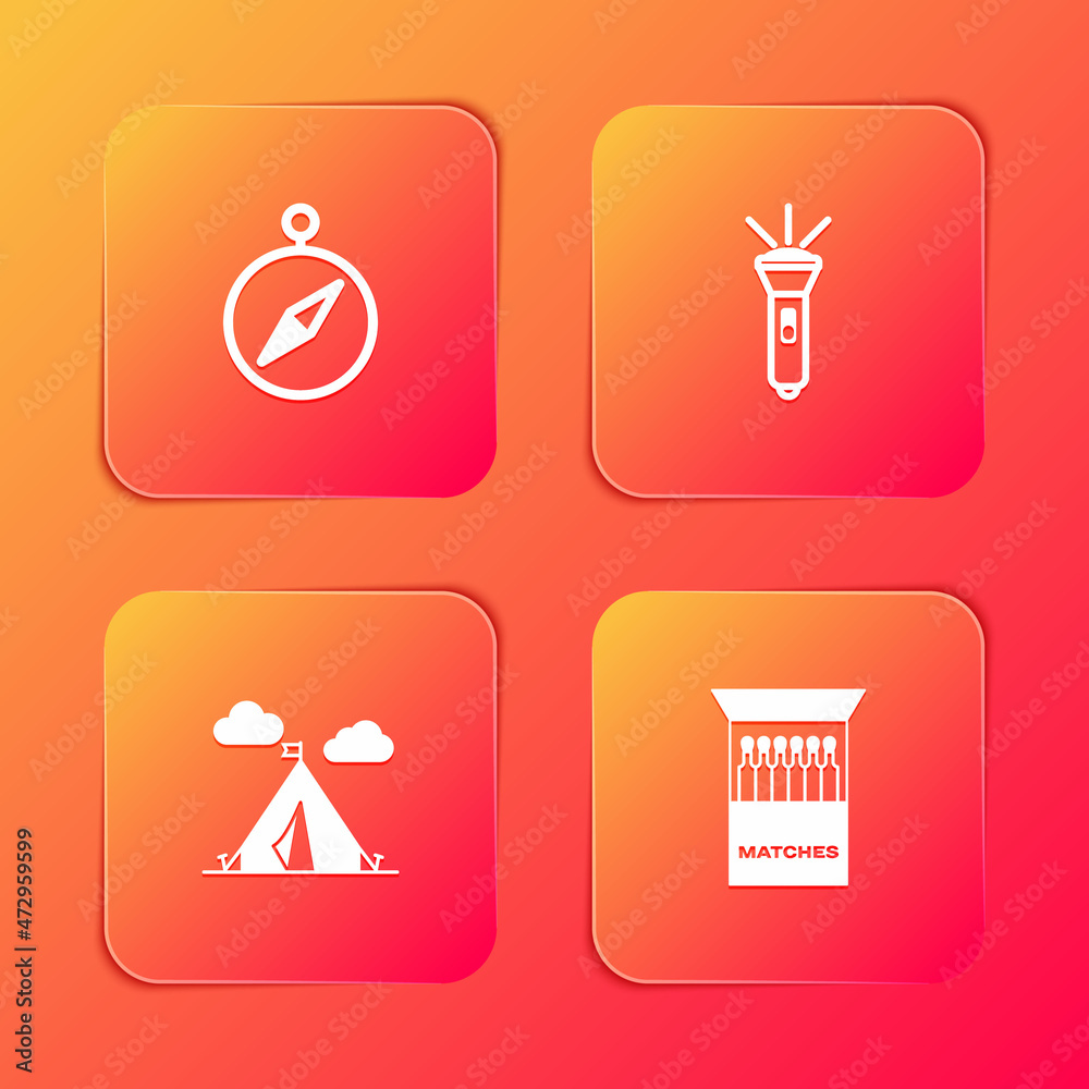 Set Compass, Flashlight, Tourist tent with flag and Open matchbox and matches icon. Vector