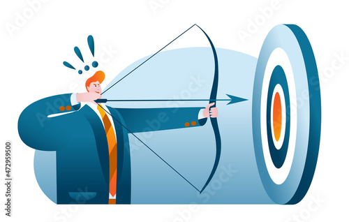 A businessman with a bow and arrow chooses a target. A metaphor on the topic of target audience selection and sales marketing. Vector illustration. photo