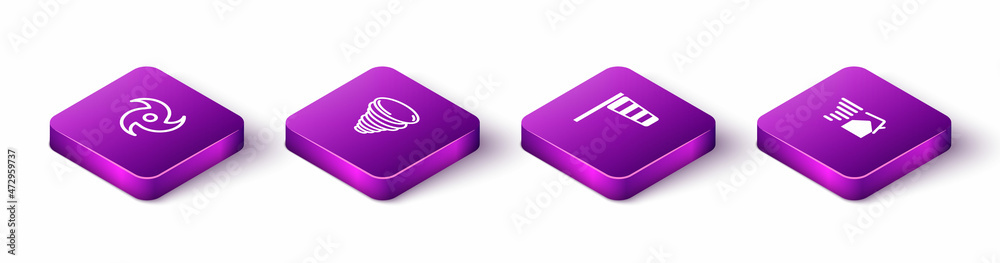 Set Isometric Tornado, , Cone windsock wind vane and swirl icon. Vector Set Isometric Tornado, , Cone windsock wind vane and swirl icon. Vector