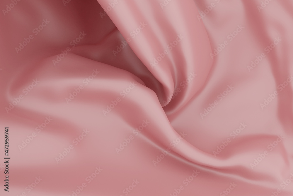 Fototapeta premium Twisted fabric pink with smooth folds. 3D render. Close-up of the folds of shiny silk.