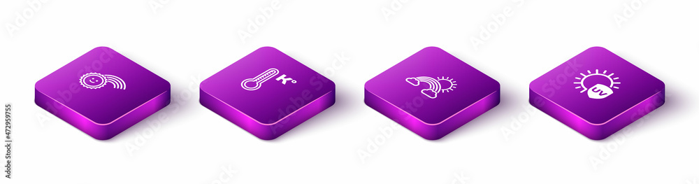 Set Isometric Rainbow with sun, Meteorology thermometer, clouds and and UV protection icon. Vector