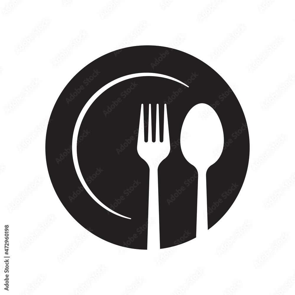 Fork and spoon in plate icon, Kitchen utensil sign, Dining cutlery silhouette design, Vector illustration Fork and spoon in plate icon, Kitchen utensil sign, Dining cutlery silhouette design, Vector illustration