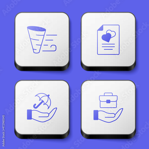 Set Tornado, Marriage contract, Umbrella in hand and Hand holding briefcase icon. White square button. Vector