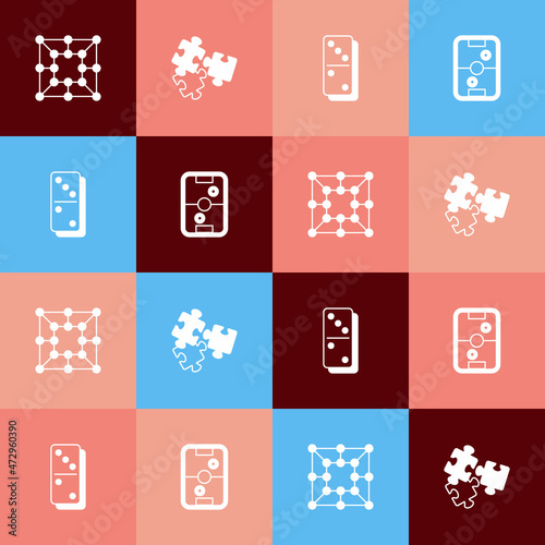 Set pop art Board game, Puzzle pieces toy, Domino and Air hockey table icon. Vector