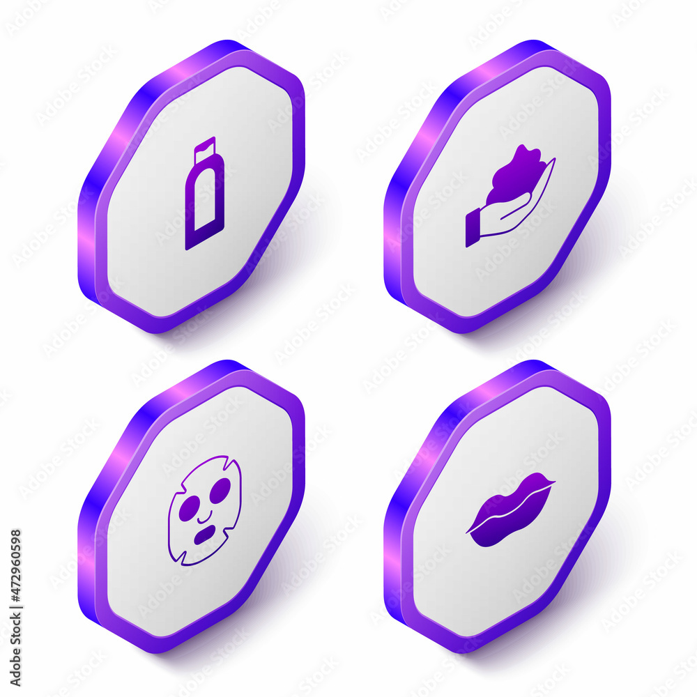 Set Isometric Bottle of shampoo, Shaving foam on hand, Facial cosmetic mask and Smiling lips icon. Purple hexagon button. Vector Set Isometric Bottle of shampoo, Shaving foam on hand, Facial cosmetic mask and Smiling lips icon. Purple hexagon button. Vector