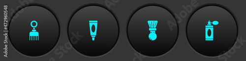 Set Hairbrush, Cream or lotion cosmetic tube, Shaving and Aftershave bottle with atomizer icon. Vector