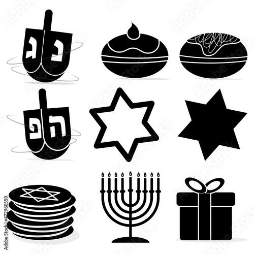 Hanukkah Jewish holiday symbols icon set. Star of David, gift, Menorah, coins, dreidel and sufgania. Vector illustration.