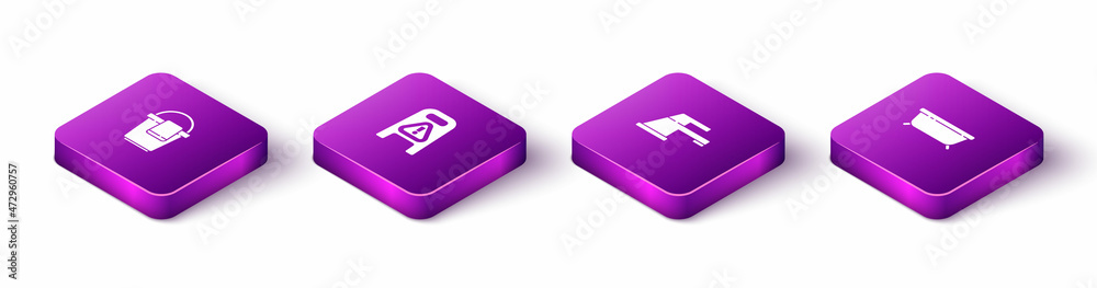 Set Isometric Bucket with rag, Wet floor and cleaning in progress, Water tap and Bathtub icon. Vector Set Isometric Bucket with rag, Wet floor and cleaning in progress, Water tap and Bathtub icon. Vector