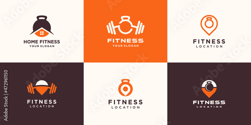 set of abstract minimalist fitness logo. kettlebell combined dumbbell logo design