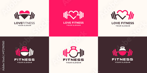set of abstract fitness love logo. kettlebell combined dumbbell and heart logo design