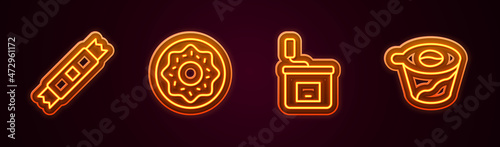 Set line Sugar stick packets, Donut, Manual coffee grinder and Pour over maker. Glowing neon icon. Vector