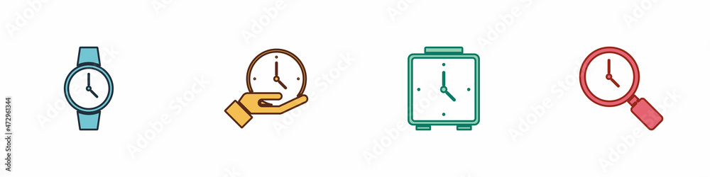 Set Wrist watch, Clock, Alarm clock and Magnifying glass with icon. Vector