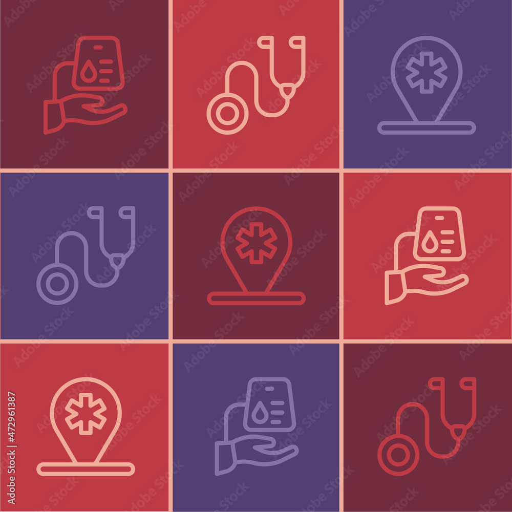 Set line Blood donation, Location hospital and Stethoscope icon. Vector