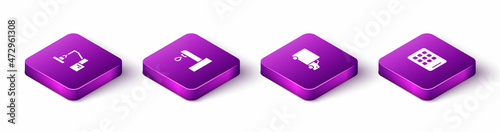Set Isometric Robotic robot arm hand factory, Water tap, Delivery cargo truck and Graphic tablet icon. Vector