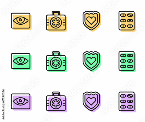 Set line Immune system, Red eye effect, First aid kit and Pills in blister pack icon. Vector