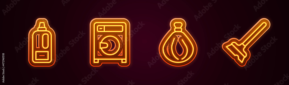 Set line Bottle for detergent, Washer, Garbage bag and Mop. Glowing neon icon. Vector Set line Bottle for detergent, Washer, Garbage bag and Mop. Glowing neon icon. Vector