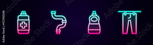 Set line Antibacterial soap, Industry metallic pipe, Dishwashing liquid bottle and Drying clothes. Glowing neon icon. Vector