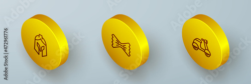 Set Isometric line Roman army helmet, Macaroni and Scooter icon. Vector