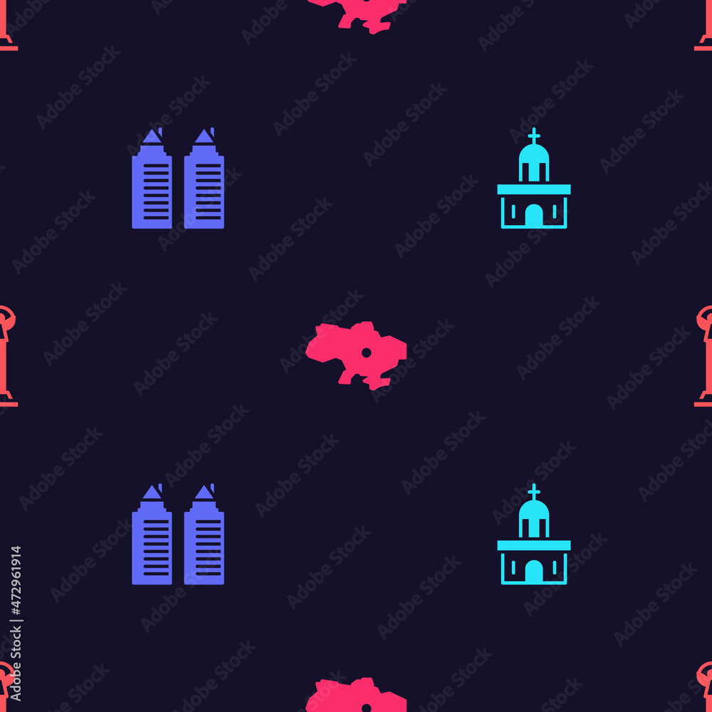 Set Church building, Two towers Dnipro, Map of Ukraine and Monument Independence on seamless pattern. Vector Set Church building, Two towers Dnipro, Map of Ukraine and Monument Independence on seamless pattern. Vector