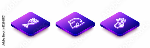 Set Isometric line Medieval goblet, helmet and icon. Vector