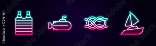 Set line Striped sailor t-shirt, Submarine, Nautical rope knots and Yacht sailboat. Glowing neon icon. Vector