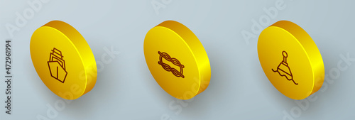 Set Isometric line Yacht sailboat, Nautical rope knots and Floating buoy icon. Vector