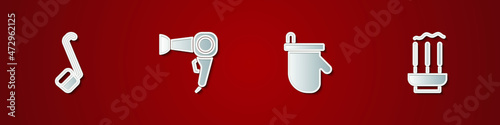 Set Sauna ladle, Hair dryer, mittens and Incense sticks icon. Vector