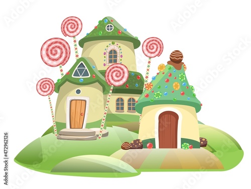 Pastry. Town of gnomes and fairies. Sweet caramel fairy house. Illustration in cartoon style flat design. Summer cute landscape. Picture for children isolated on white background. Vector