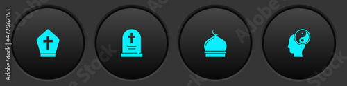 Set Pope hat, Tombstone with cross, Muslim Mosque and Yin Yang icon. Vector