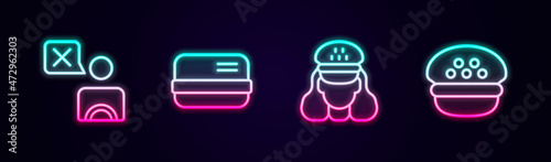 Set line Taxi driver, Credit card, and cap. Glowing neon icon. Vector