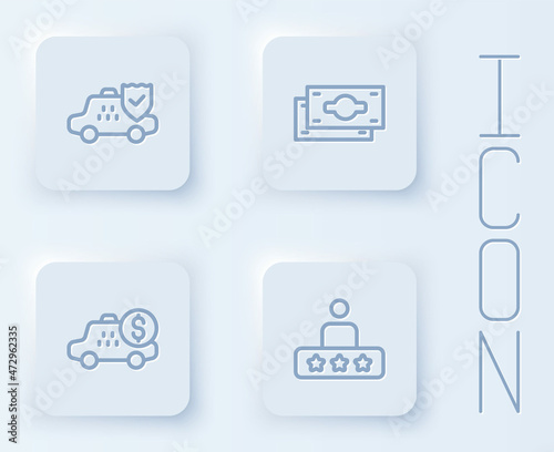 Set line Taxi car insurance, Stacks paper money cash, Taximeter device and service rating. White square button. Vector