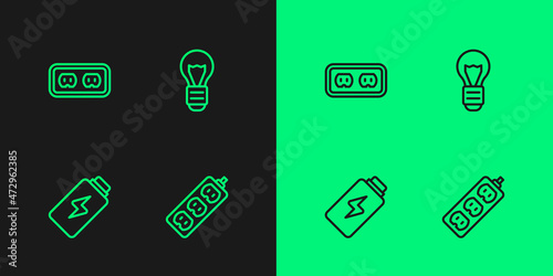 Set line Electric extension, Battery charge, Electrical outlet and Creative lamp light idea icon. Vector © Iryna