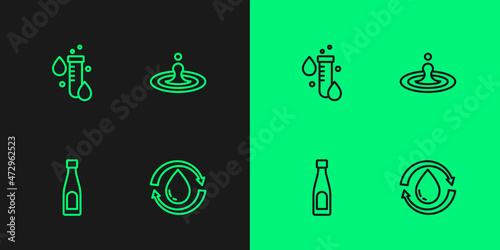 Set line Recycle clean aqua, Bottle of water, Test tube with drop and Water icon. Vector