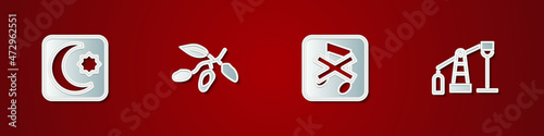 Set Star and crescent, Date fruit, Speaker mute and Oil pump or pump jack icon. Vector