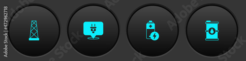 Set Antenna, Electric plug, Battery and Bio fuel barrel icon. Vector