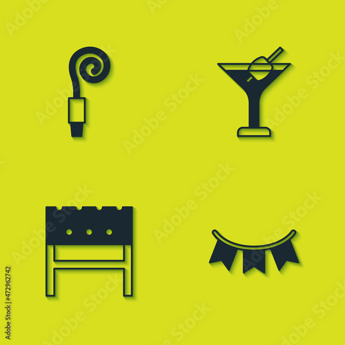 Set Birthday party horn, Carnival garland with flags, BBQ brazier and Martini glass icon. Vector