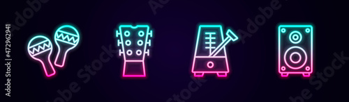 Set line Maracas, Guitar neck, Metronome with pendulum and Stereo speaker. Glowing neon icon. Vector