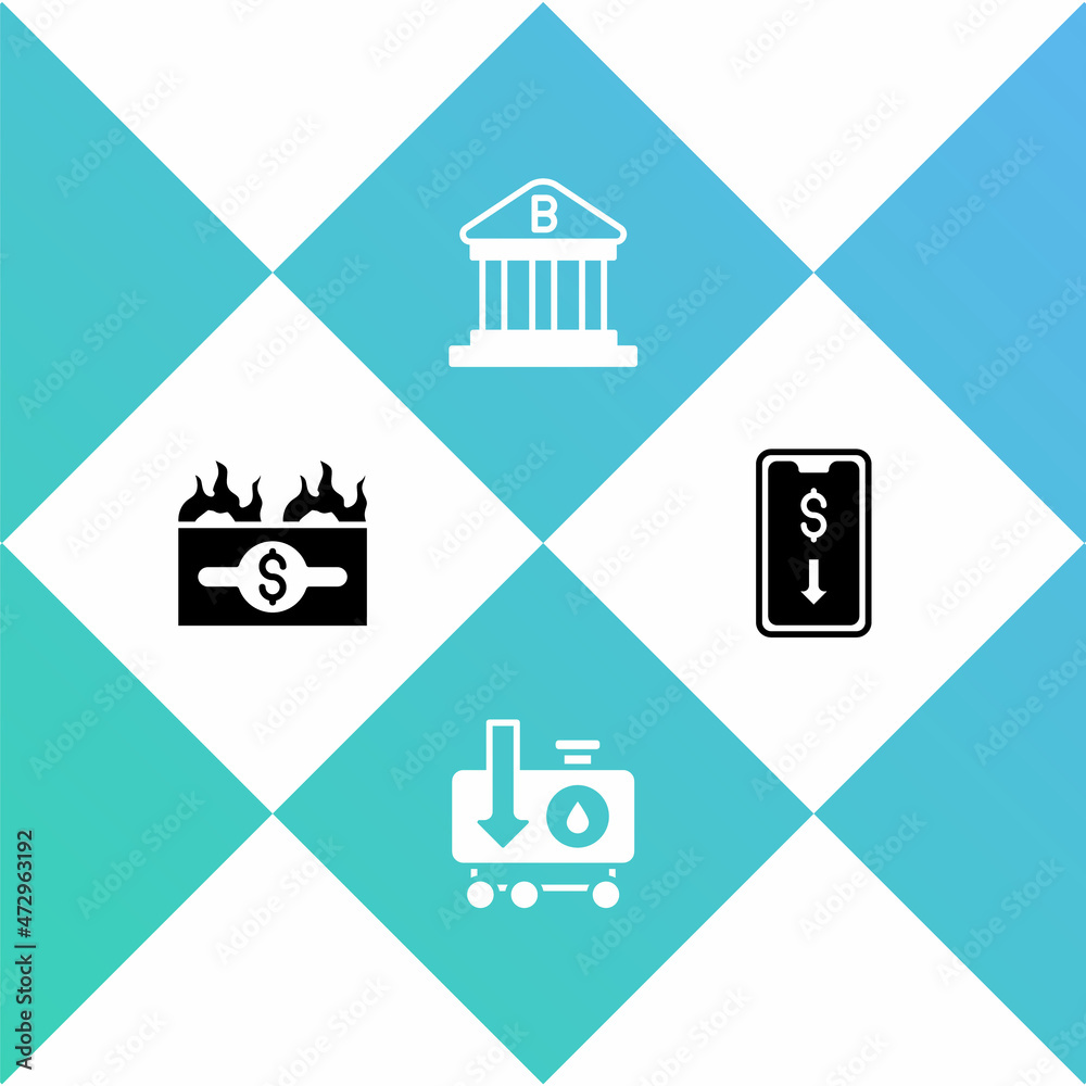 Set Burning dollar bill, Drop crude oil price, Bank building and Mobile stock trading icon. Vector