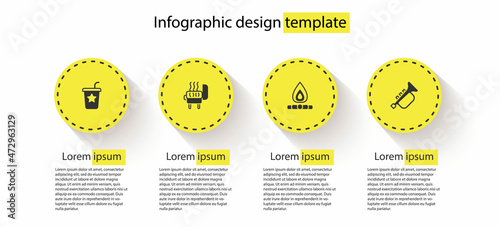 Set Paper glass with straw, Barbecue grill, Campfire and Trumpet. Business infographic template. Vector