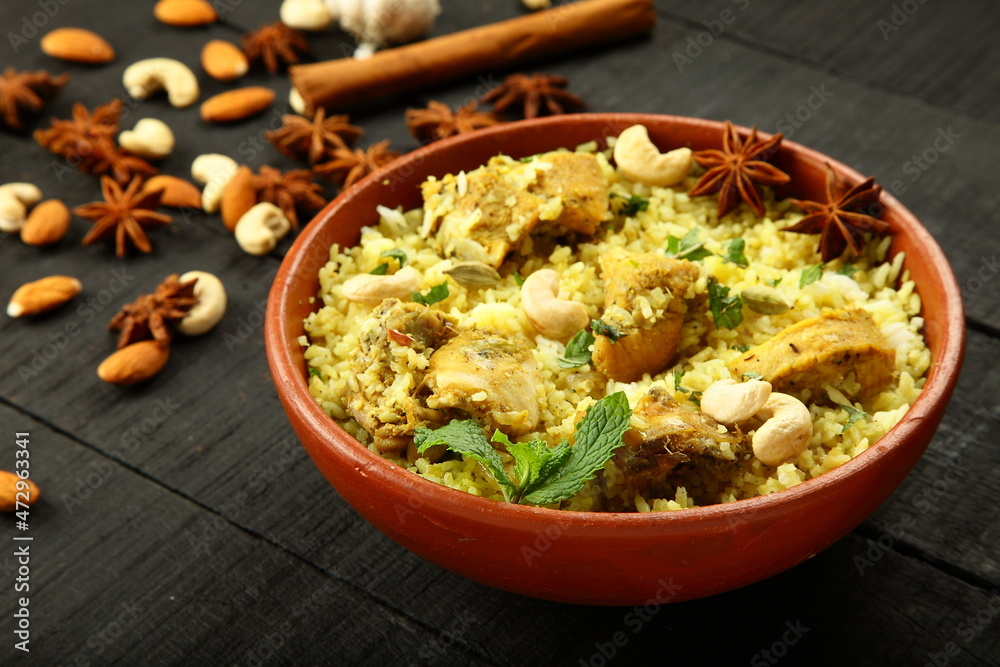 Homemade chicken pilav, rice cooked with meat and spices, Arabic