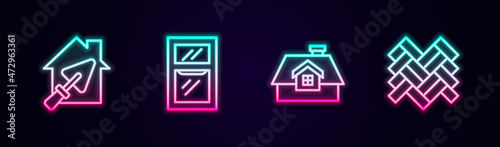 Set line House with trowel, Window in room, and Parquet. Glowing neon icon. Vector