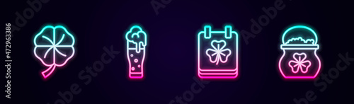 Set line Four leaf clover, Glass of beer, Saint Patricks day with calendar and Pot gold coins. Glowing neon icon. Vector