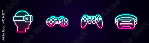 Set line Virtual reality glasses, Gamepad, and . Glowing neon icon. Vector