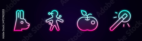 Set line Rabbit with ears, Voodoo doll, Poison apple and Magic wand. Glowing neon icon. Vector
