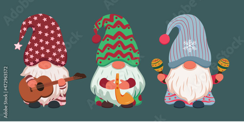 Cute Christmas Gnomes with music tools clipart vector design