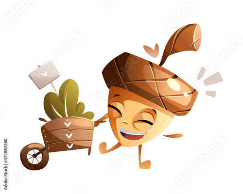 Funny cartoon character acorn rolls a cart with oak leaves.